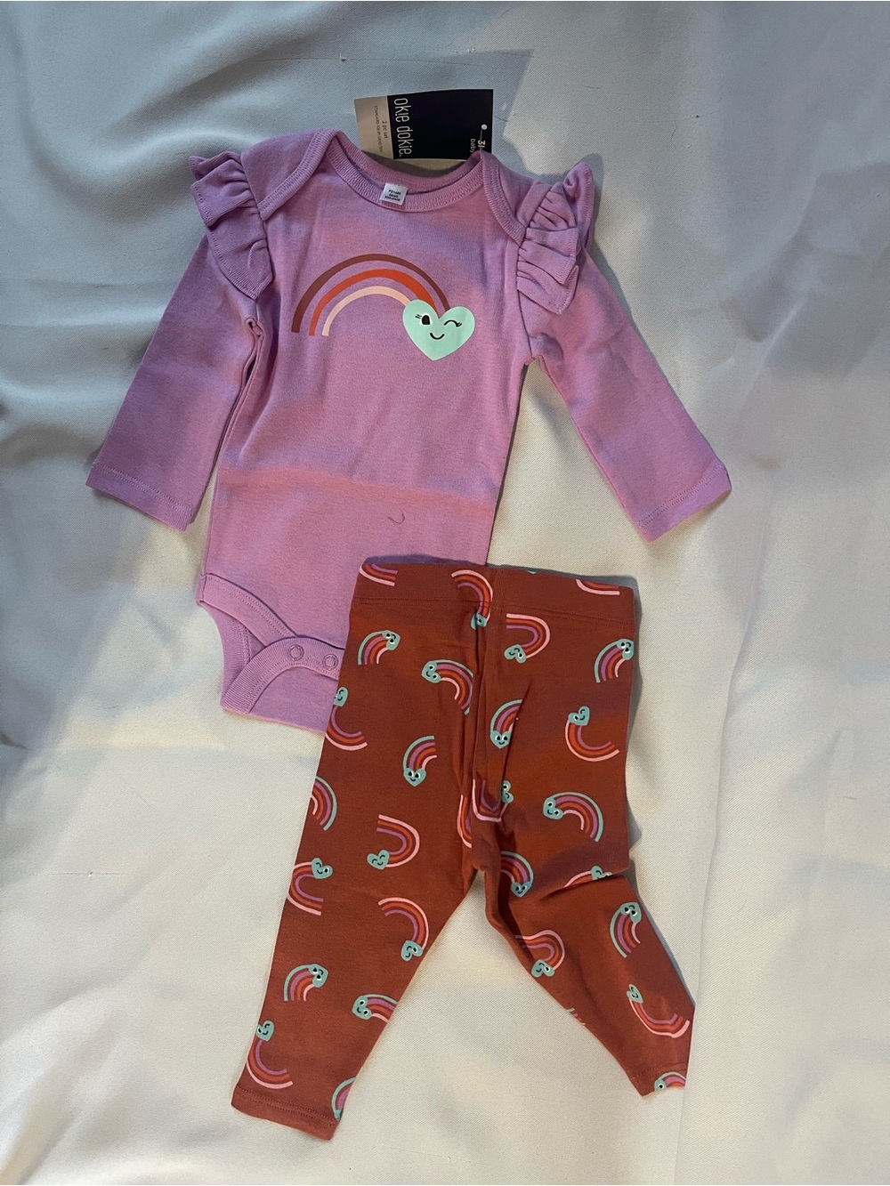 Kids Long-Sleeve Purple Ruffle Bodysuit & Rust Rainbow Leggings Set